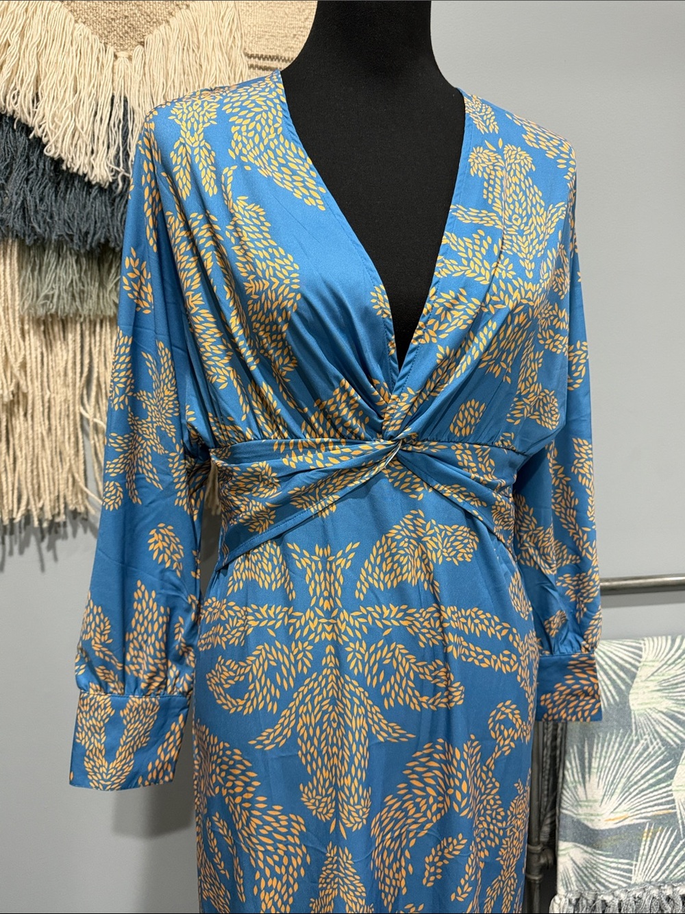 Blue Golden Yellow Twist Front Maxi Dress Boho Resort Vacation Long Sleeve NWT - Picture 2 of 9